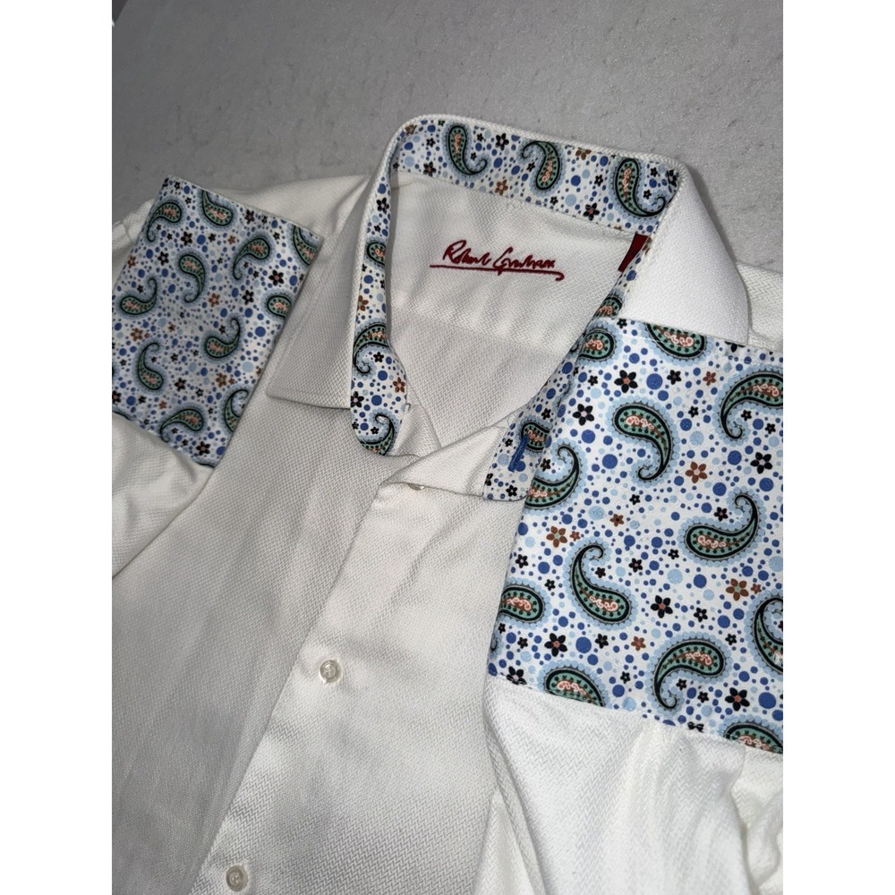 Robert Graham Shirt Mens XXL White Textured Paisley Flip Cuff Contrast Button